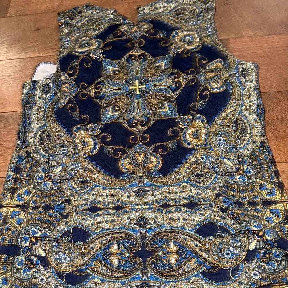 J McLaughlin Elegant Blue and Gold Patterned Sleeveless Top